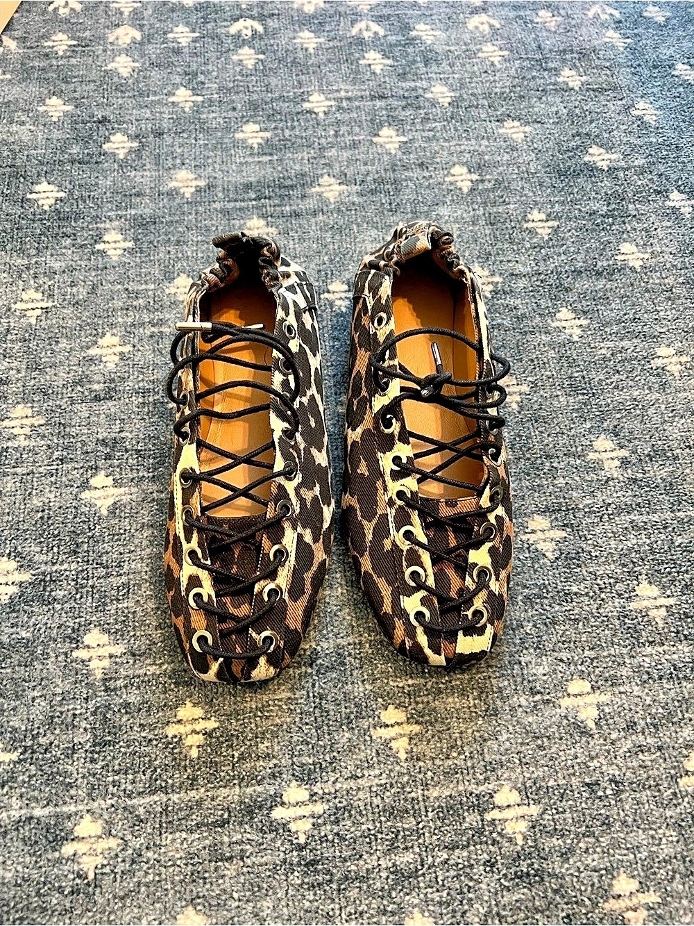 GANNI Lace-Up Ballerinas in Leopard Denim Sneakers Black & Brown